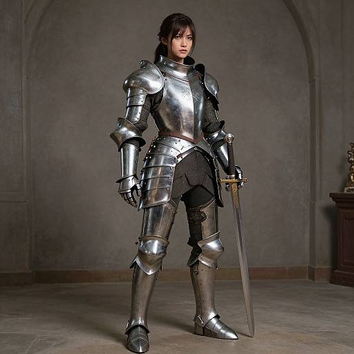 Photograph of a serious, young, Asian woman in shiny silver medieval armor, standing in a dimly lit, stone-walled room, holding a