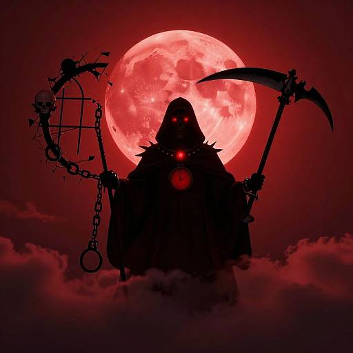 Silhouetted grim reaper with glowing red eyes, holding chains and scythe, stands before a bright red full moon, surrounded by dark clouds