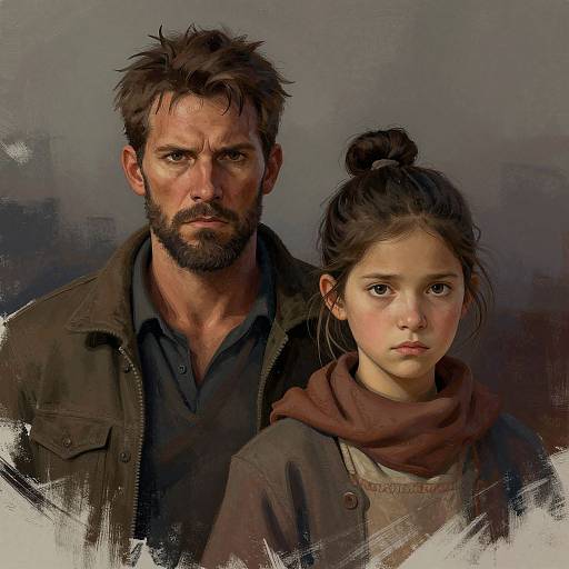 Digital painting of a rugged, bearded man in a dark jacket and a young girl with brown hair in a bun, both with serious expressions, against