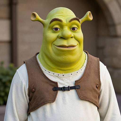 Photograph of a green-skinned, bald, alien-like character with two ear-like protrusions, wearing a brown vest over a white shirt, smiling