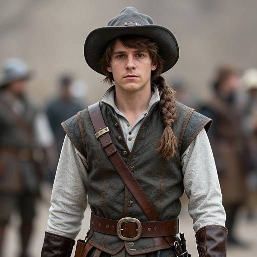 Photograph of a serious young man with brown hair in a braid, wearing a black hat, gray shirt, and dark vest, standing among blurred