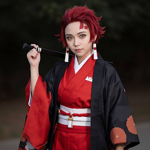 Photorealistic digital artwork of a red-haired woman in a red and black kimono, holding a pipe, with a bandaged forehead.