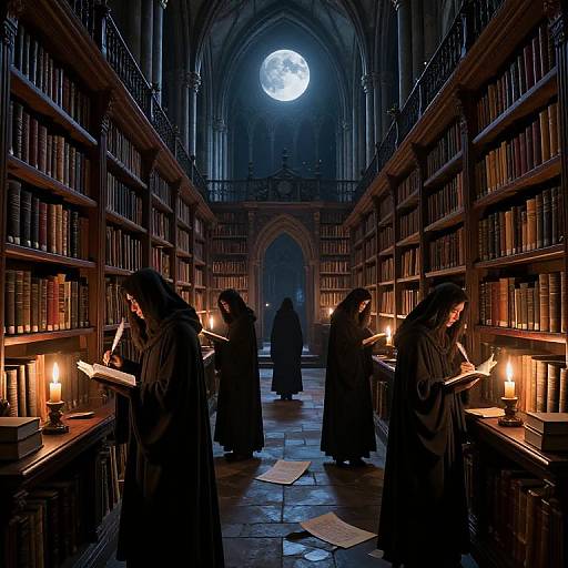 Photograph of four hooded monks in dimly lit, Gothic library reading illuminated manuscripts under a full moon through a high arched window.