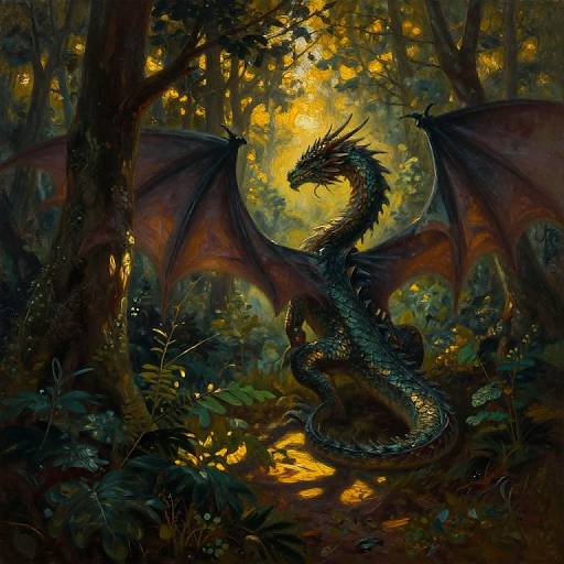 Digital fantasy artwork of a majestic, dark-scaled dragon with red-orange wings, standing in a dense, glowing forest, illuminated by ethereal yellow light