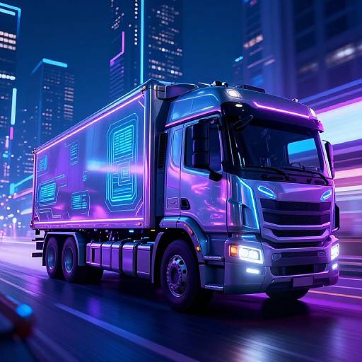 Neon-lit, futuristic semi-truck with glowing blue and purple LED lights driving through a vibrant, cyberpunk city at night.