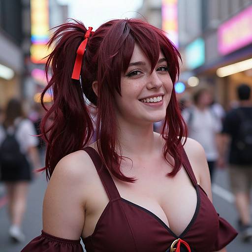 Photograph of a smiling, fair-skinned woman with red hair in a high ponytail, wearing a brown, cleavage-revealing cosplay outfit