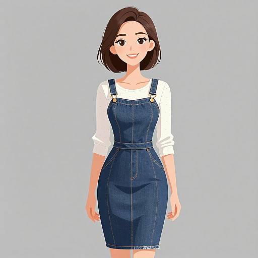 Digital anime-style drawing of a smiling woman with short brown hair, wearing a white shirt and blue denim dress, standing against a light blue background.