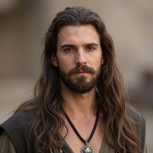 Photograph of a rugged, long-haired, bearded man with dark brown eyes, wearing a black necklace with a circular pendant, and a dark,