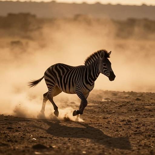 Photograph of a zebra running through a dusty savanna at sunset, with golden light highlighting its black-and-white stripes and creating a dramatic, back