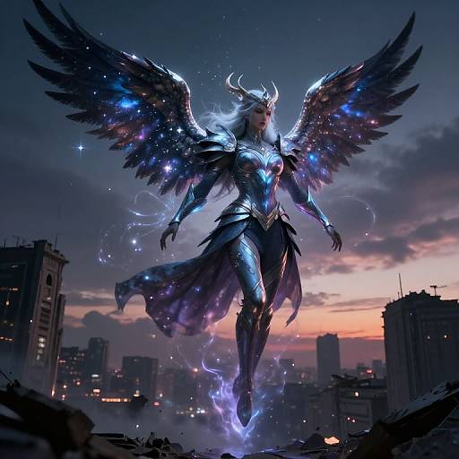 Digital artwork of a celestial angel with glowing blue armor, dark feathered wings, and horns, floating above a cityscape at sunset.