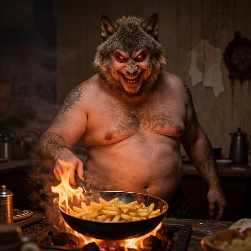 Photograph of a shirtless, muscular, hairy werewolf with glowing red eyes, cooking chips over a fire in a dimly lit, rustic kitchen