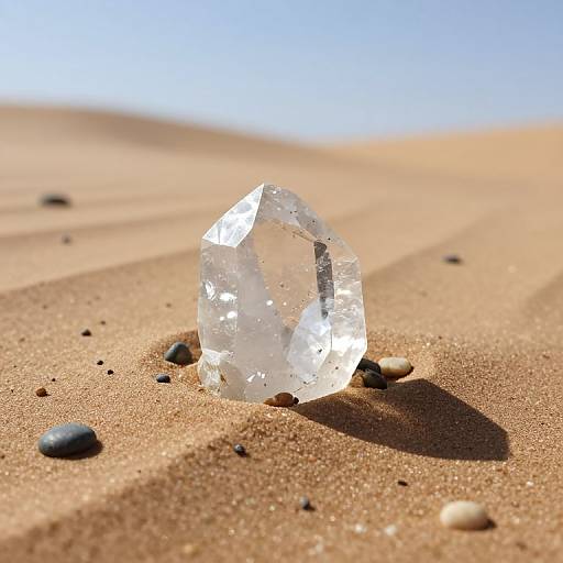 Photograph of a clear, faceted crystal standing upright on a sunlit, sandy beach with scattered small pebbles in the background.
