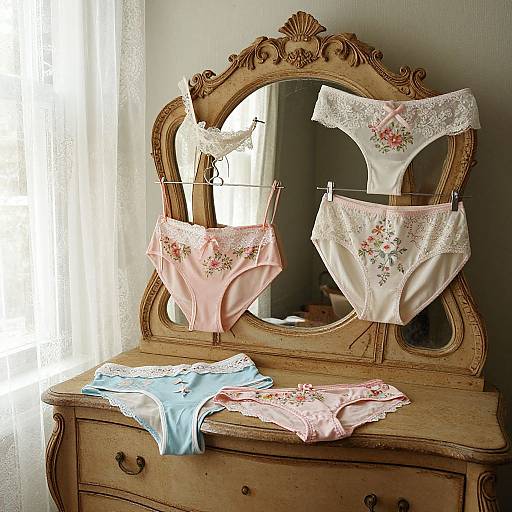 Vintage wooden dresser with ornate mirror, displaying pink and white floral lace panties, and a blue pair, hanging and lying. Sunlight filters through sheer