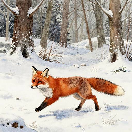 Digital painting of a red fox with a white-tipped tail and black legs, walking through a snowy forest with bare trees.
