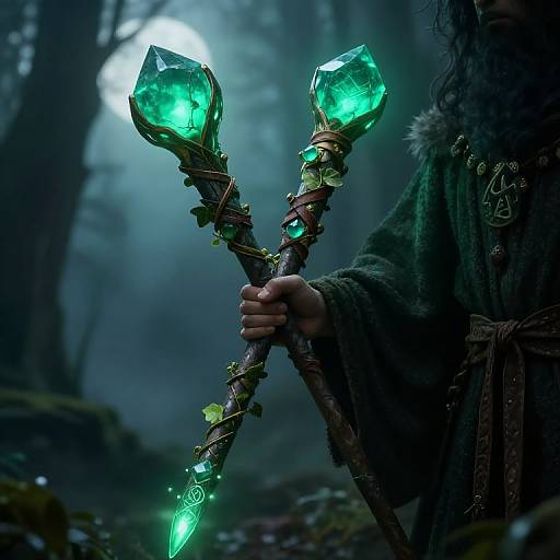 Photograph of a mystical forest scene, showing a person's hand holding an ornate, glowing green crystal staff, dressed in a dark, fur-tr