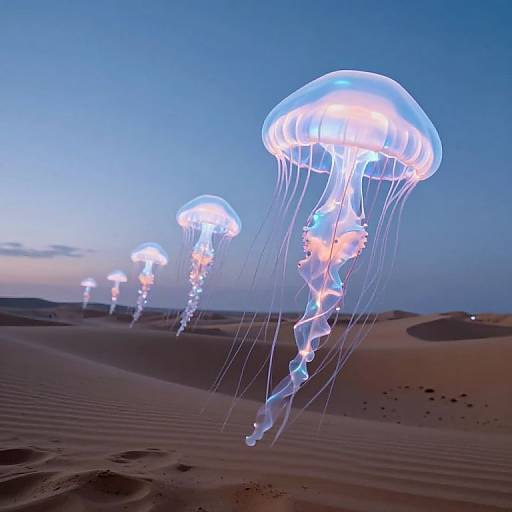 Photograph of glowing jellyfish floating over a serene, twilight desert landscape with rippled sand dunes and a clear blue sky.