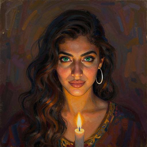 Digital painting of a woman with green eyes, wavy brown hair, hoop earrings, and a lit candle in front, against a dark, textured background