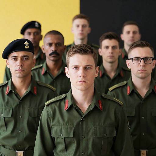 Military Men in Front of Bold Background