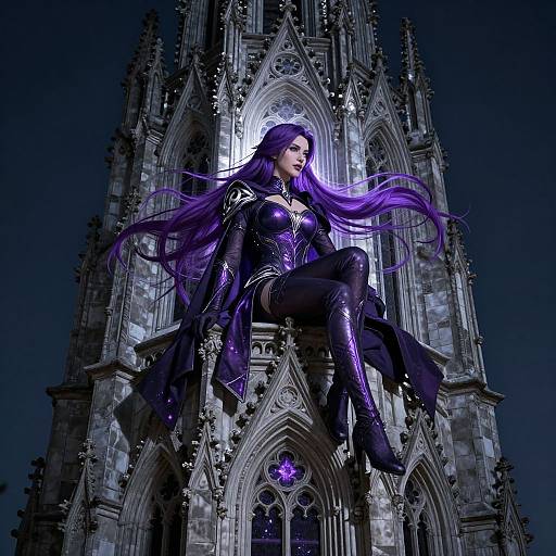 Digital art of a purple-haired woman in black gothic armor, sitting on a towering Gothic cathedral, with glowing purple accents.
