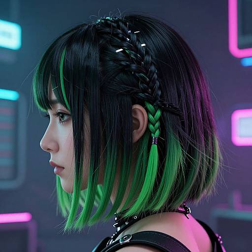 Digital CGI portrait of a young woman with black and neon green hair, braided crown, cyberpunk background with neon lights.