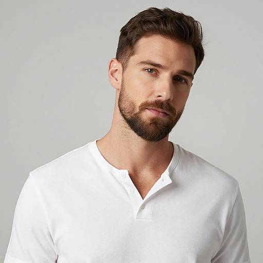 Photograph of a handsome, bearded man with short, dark hair, wearing a white V-neck shirt, against a plain light gray background.