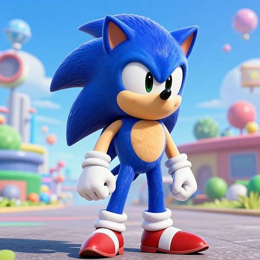 CGI image of Sonic the Hedgehog, blue spiky hair, green eyes, white gloves, red shoes, tan chest, standing confidently on a