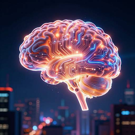 Digital CGI of a glowing, neon-lit brain against a dark cityscape with colorful, illuminated skyscrapers in the background.