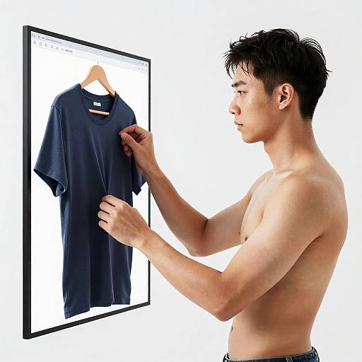 Photograph of a shirtless Asian man with short black hair, examining a black T-shirt on a hanger in a white-framed display.