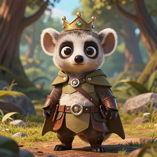 Cute CGI cartoon badger with large eyes, wearing a golden crown and medieval armor, standing in a sunlit forest path.