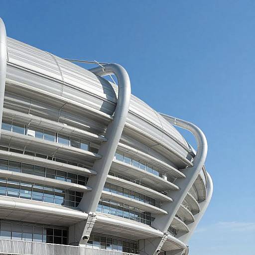 Photograph of a modern, curving, multi-story building with sleek, silver metallic accents and glass windows against a clear blue sky.