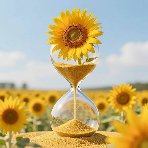 Photograph of a clear glass hourglass filled with sand and a single vibrant sunflower, set against a sunlit field of blooming sunflowers under