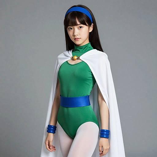 Asian woman in green bodysuit and white cape with blue accents, blue headband, and blue bracelets, standing against gray background. Photographic cosplay