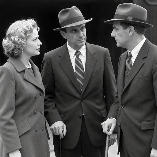 Vintage Black and White Photo of Three People in 1940s Attire