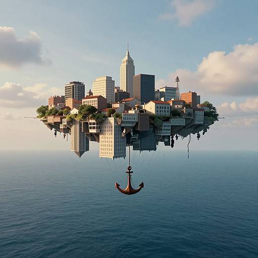Floating cityscape with skyscrapers, small buildings, and a tall spire, reflected in calm blue ocean, with a red anchor below. Digital