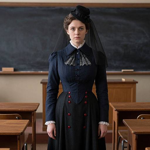 Victorian-era woman in black dress with red buttons, lace collar, and veil stands in classroom with wooden desks and chalkboard.