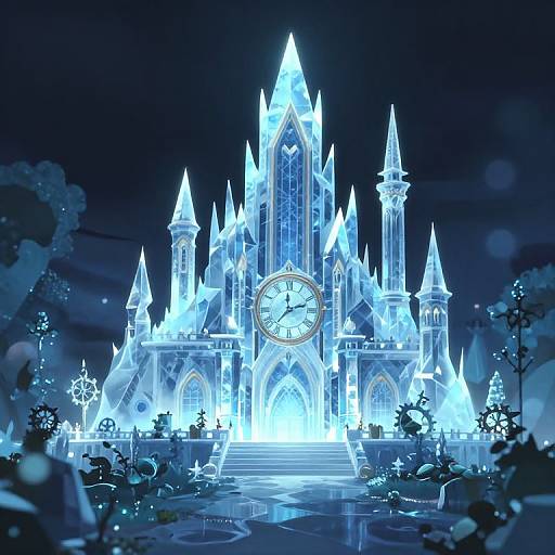 Glowing blue, crystalline castle with a large clock face, surrounded by ethereal snowflakes and dark night sky in digital CGI art.