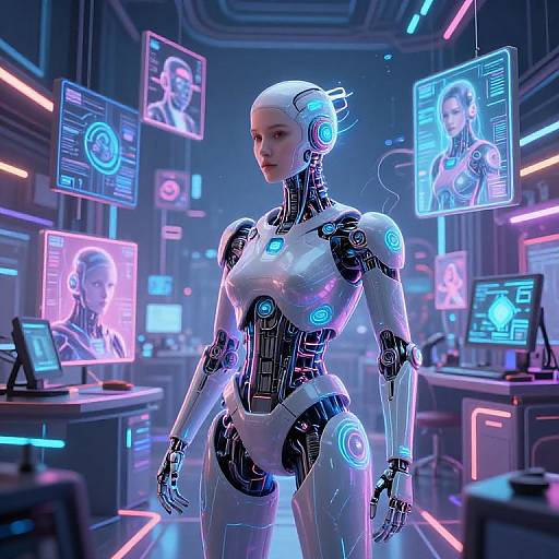 Surreal Cybernetic Artist in Neon Lab