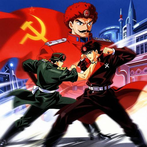 Digital anime artwork of three male soldiers in dynamic battle stance, one with a red cape and star emblem, against a cityscape night background. Bold colors