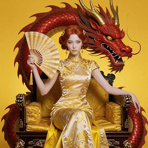 Photograph of a red-haired Asian woman in gold silk cheongsam, holding a fan, seated on an ornate chair with a red dragon head