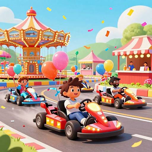 Bright, cartoon-style digital illustration of three children riding colorful go-karts, holding balloons, in front of a festive carnival with a carousel and colorful tents