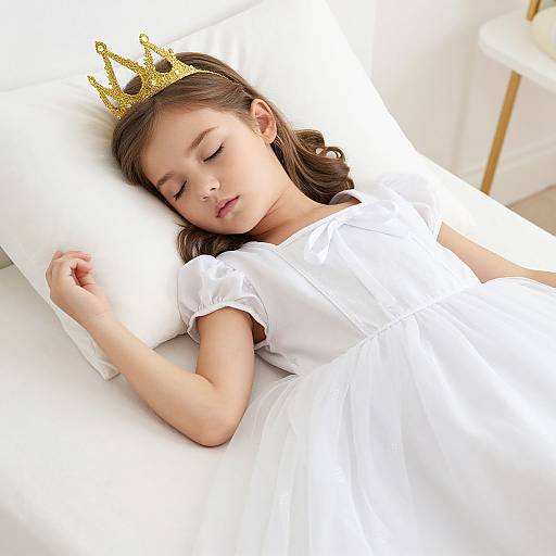 Photograph of a young girl with closed eyes, wearing a white dress and golden crown, lying on a white pillow and bed, in a bright,