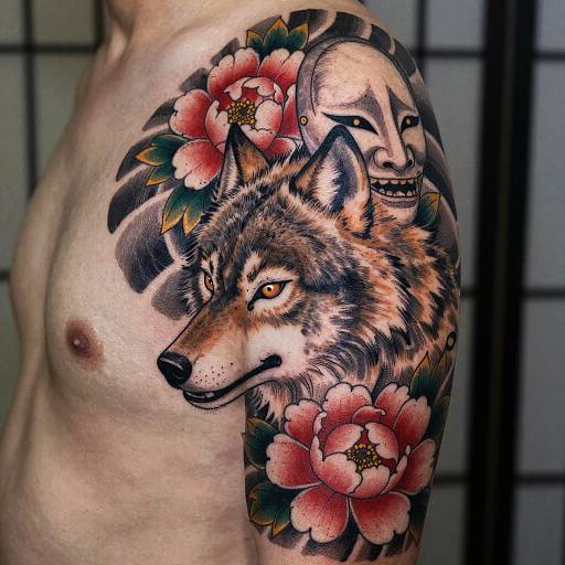 Tattooed muscular man's upper arm featuring detailed wolf with intense eyes, red flowers, and a smiling Asian face in the background. Photoreal