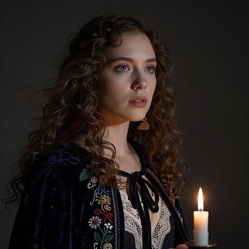 Photograph of a young woman with curly brown hair, wearing an embroidered black top, holding a lit candle, against a dark background.