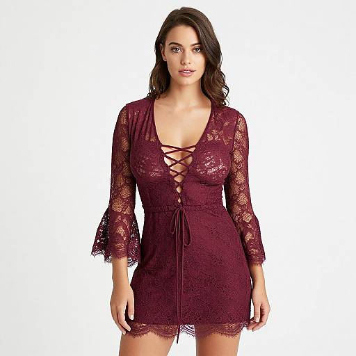 Photograph of a brunette woman with fair skin wearing a deep burgundy lace mini-dress with a plunging V-neck and crisscross lace-up