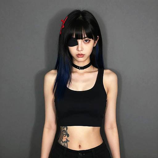 Digital portrait of an Asian woman with long black hair, black eyepatch, red bow, black choker, crop top, and black pants,