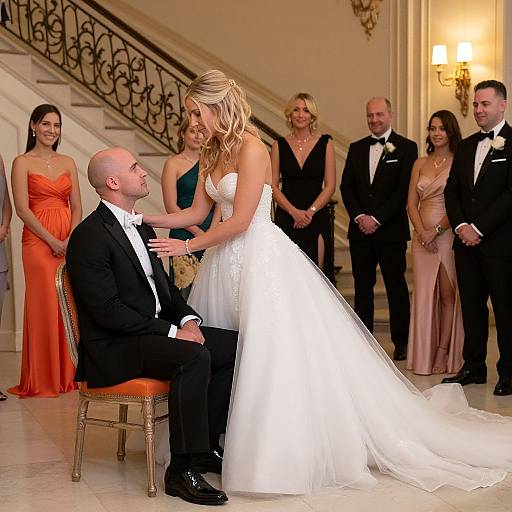Photograph of a bride in a white gown and bald groom in a black tuxedo, exchanging rings in a grand, elegant hall with guests in