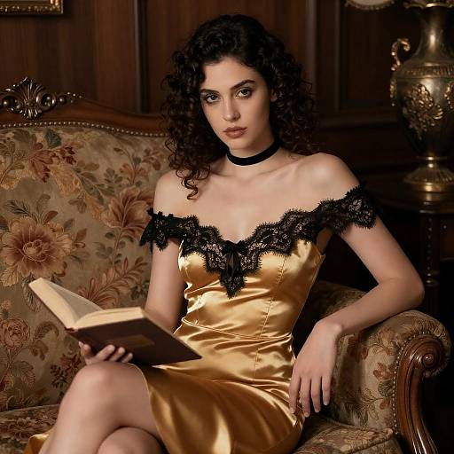 Elegant Woman in Gold Satin Dress