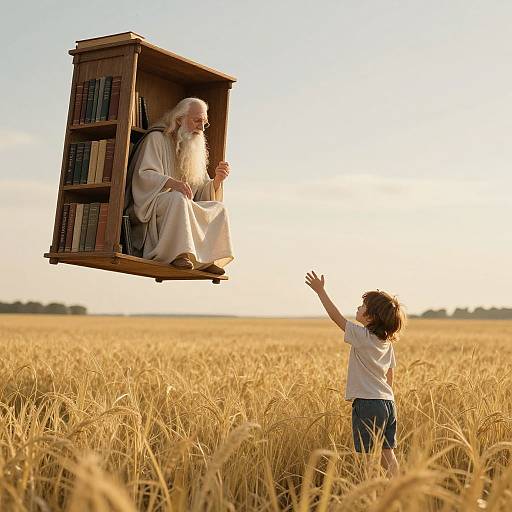 Photograph of an elderly bearded man with long white beard and robe, floating in a wooden bookcase over a golden wheat field, a young boy