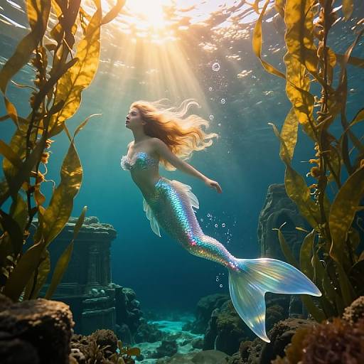 Photograph of a shimmering mermaid with flowing blonde hair, glowing scales, and a translucent fin, swimming underwater amidst sunlit seaweed and rocky