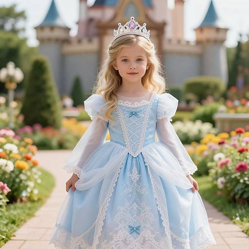 Photograph of a young blonde girl with fair skin, wearing a light blue, lace-trimmed princess dress, silver tiara, standing in a